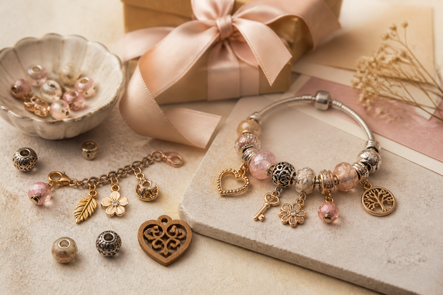 Assorted handcrafted charm jewelry arranged as a thoughtful gift